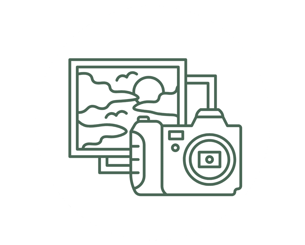 Line art illustration of a camera beside a picture frame depicting a landscape.
