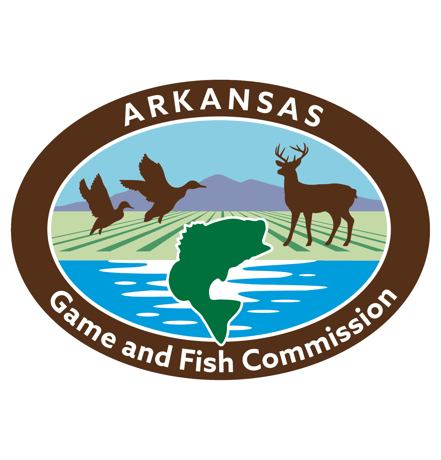Logo of the Arkansas Game and Fish Commission featuring wildlife and natural elements.